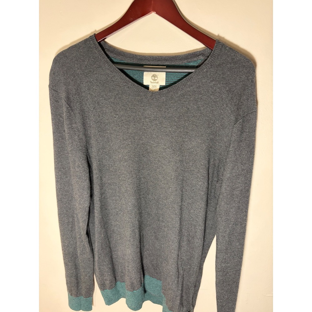 Timberland Mens Cashmere Blend V-Neck Sweater Gray Teal Slim Fit Medium